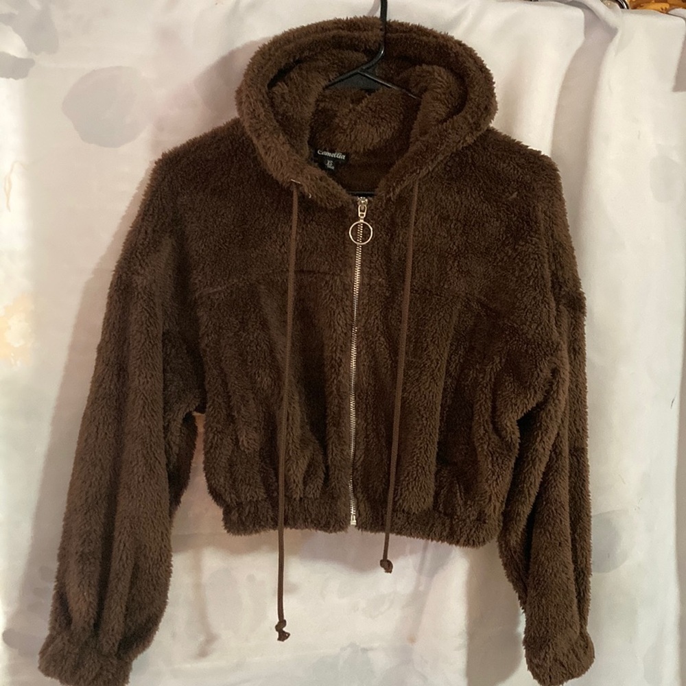 Fleece Brown crop Top zip-up sweater